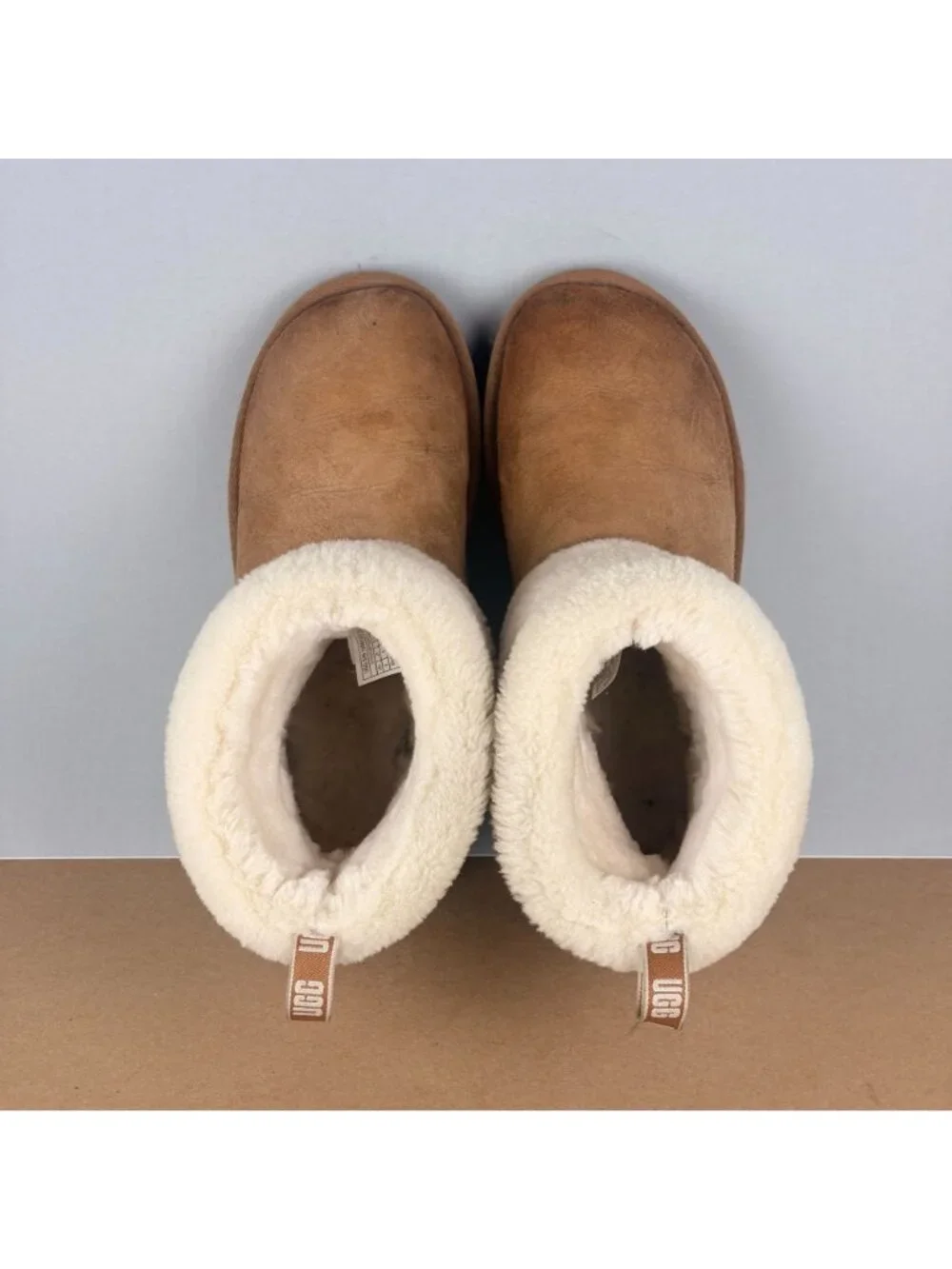 UGG Classic Mini Fluff Quilted Boot Womens 6 Tan Cream Pull On Casual